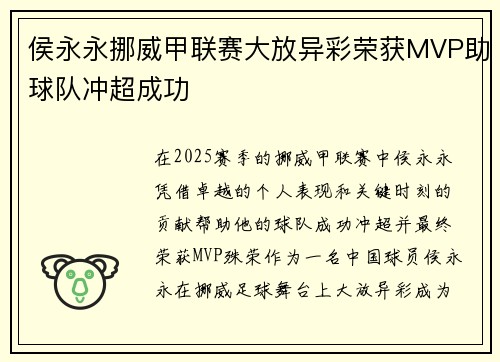 侯永永挪威甲联赛大放异彩荣获MVP助球队冲超成功